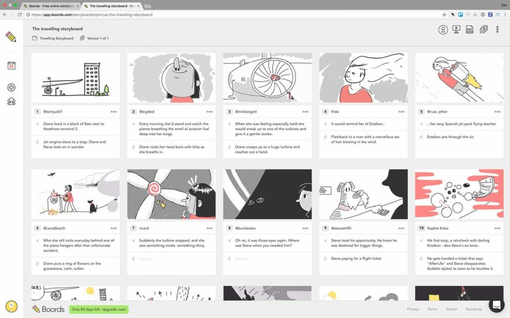 A screenshot of Boords storyboarding software