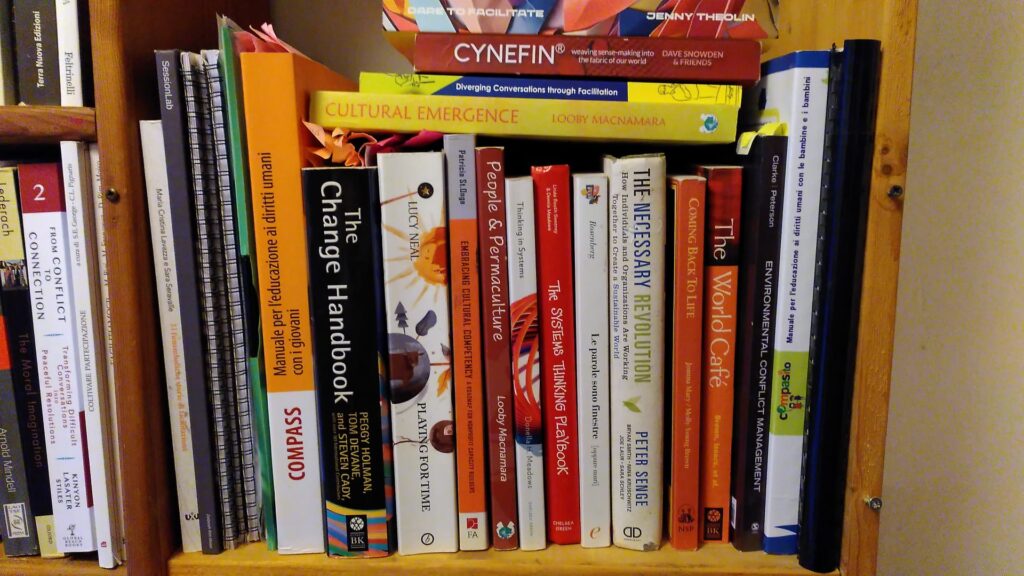 A picture of a shelf full of books on facilitation topics