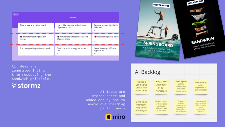 A montage of screenshots showing how ideation can look like in Stormz and Miro