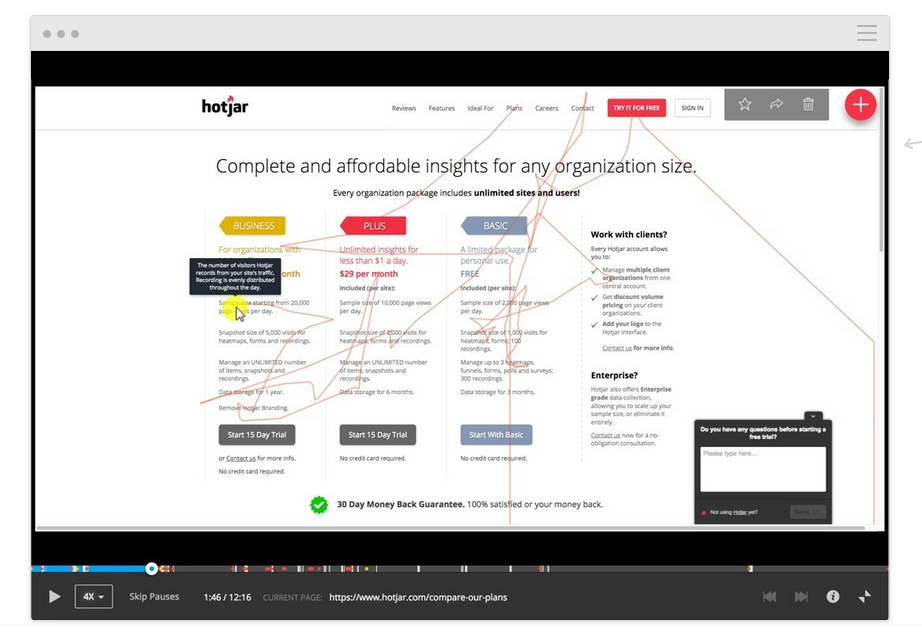 hotjar screenshot navigating on site