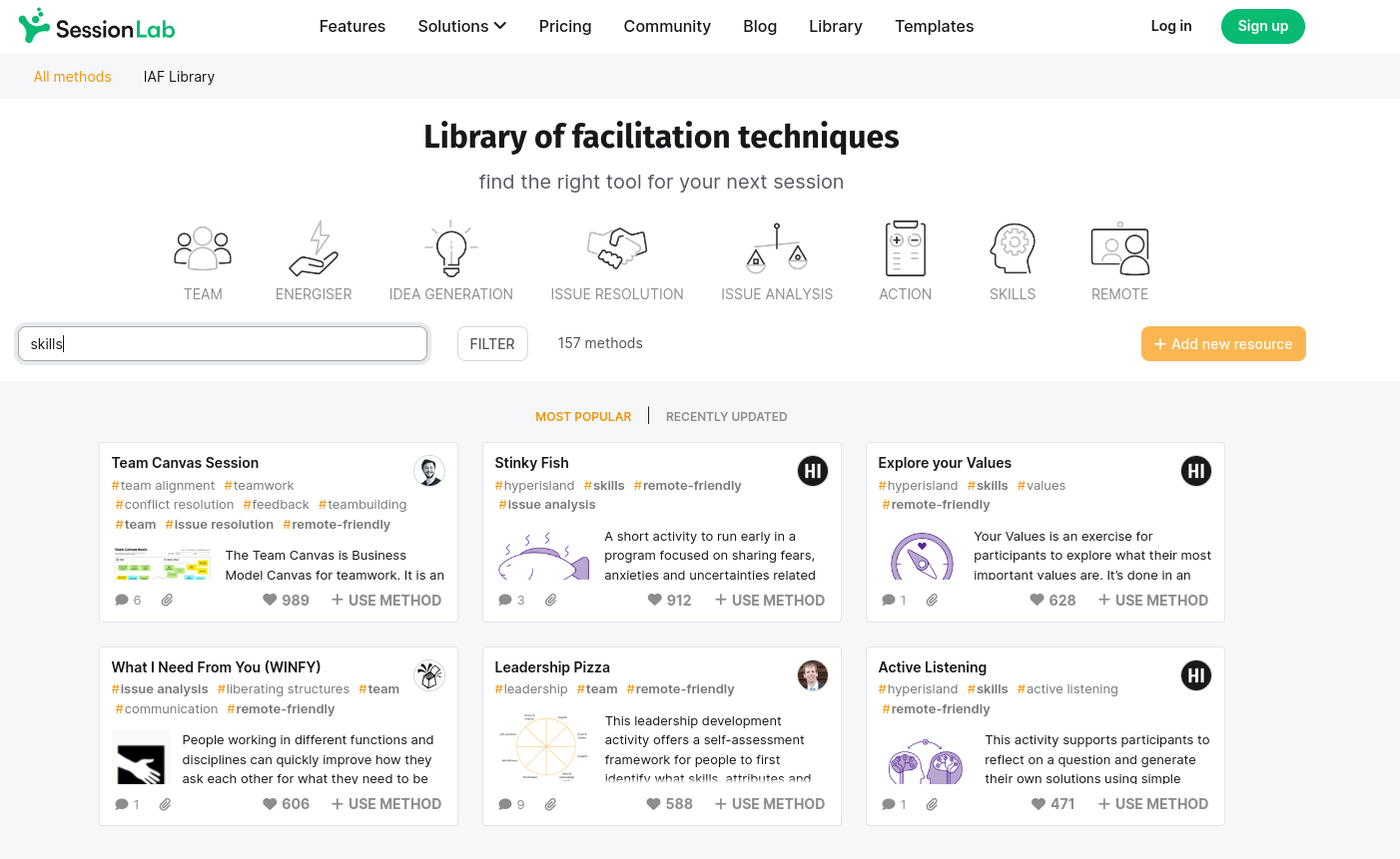 A screenshot of methods from SessionLab's library