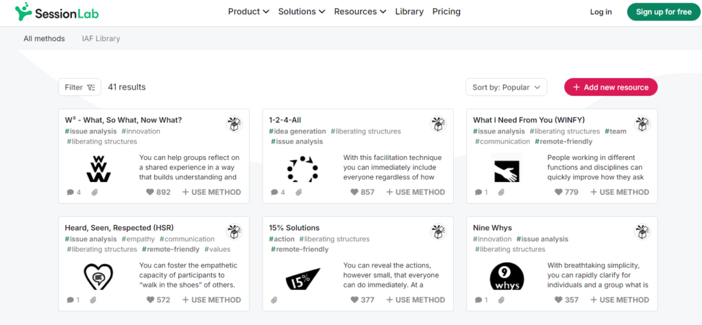 A screenshot taken from SessionLab's library page, showing methods from Liberating Structures, with icons and short instructions