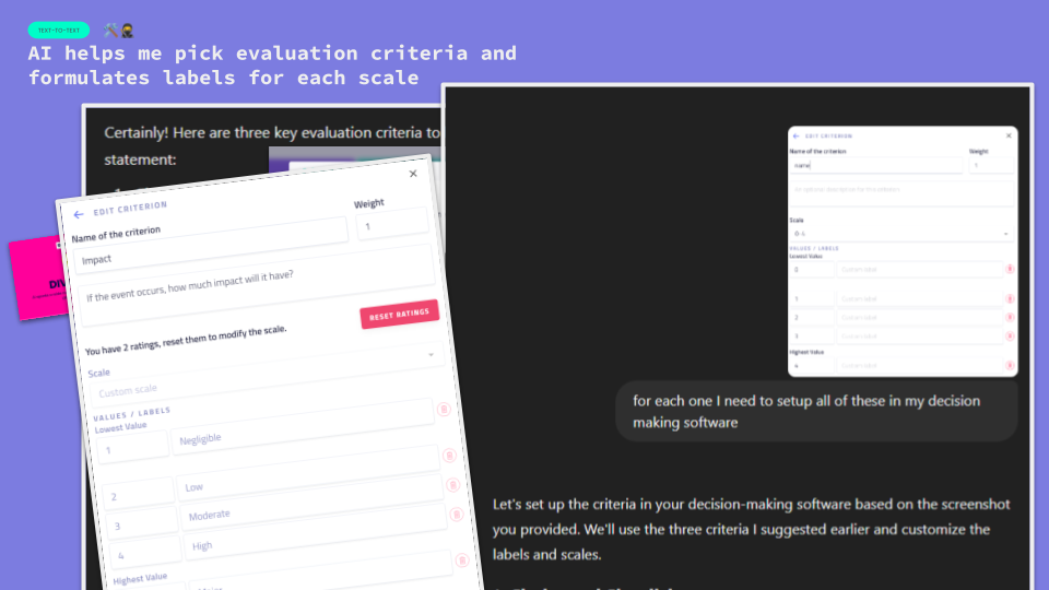 A composite of screenshots showing how ChatGPT can create labels for evaluation criteria